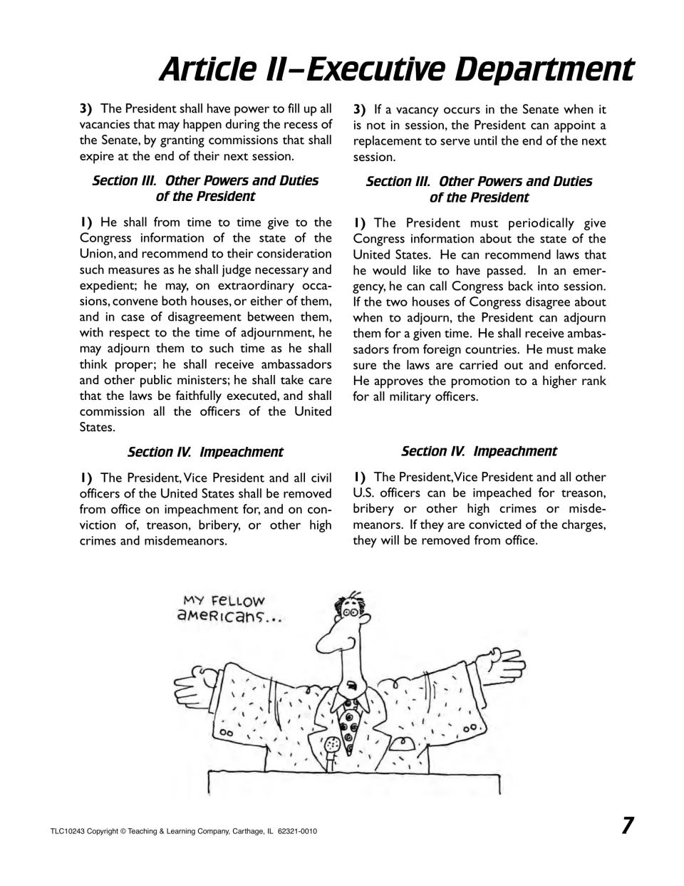 Article II, Sections III and IV: original and paraphrased text on State of the Union, recess appointments and impeachment
