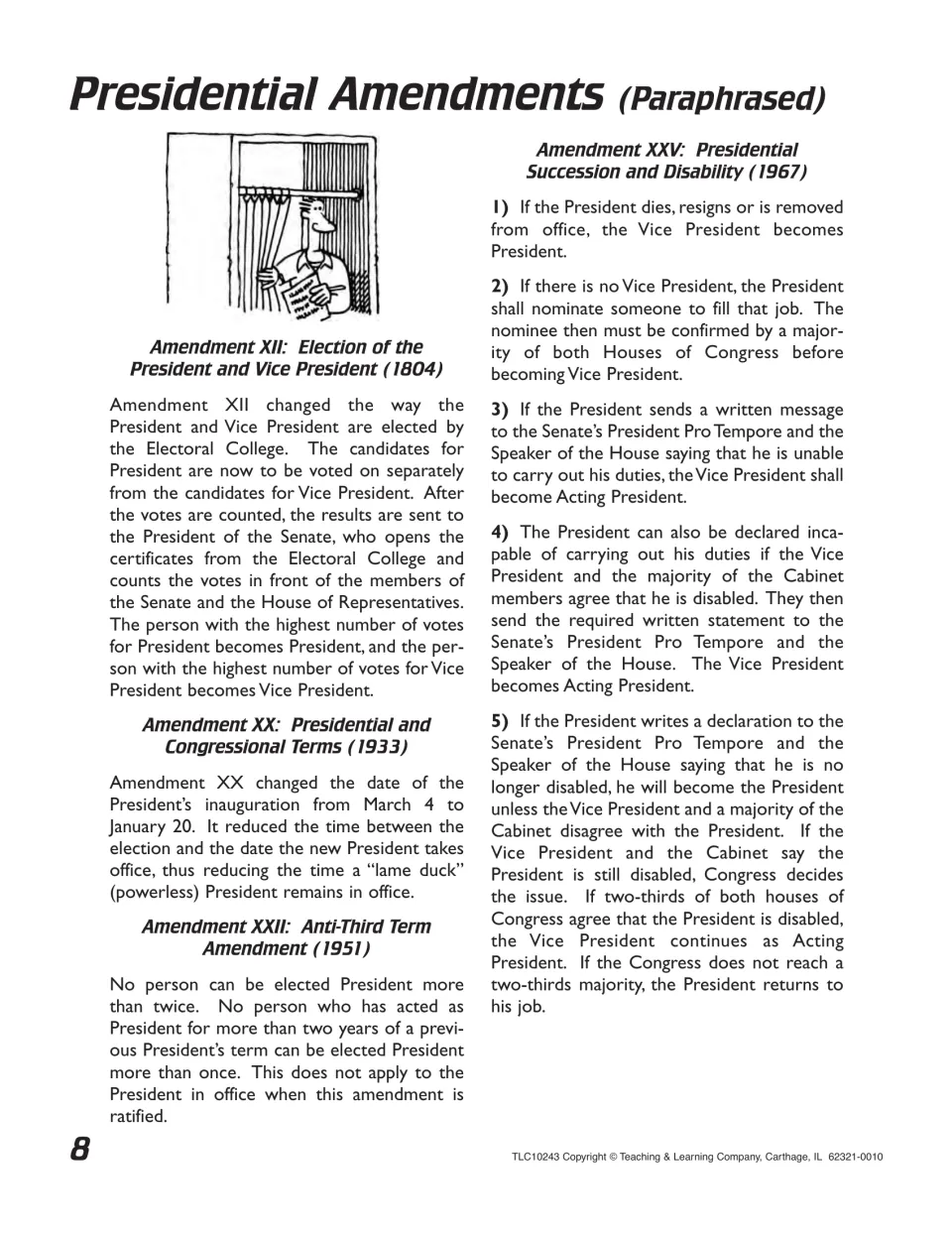 Presidential Amendments paraphrased: summaries of Amendments XII, XX, XXII and XXV on elections, terms and succession