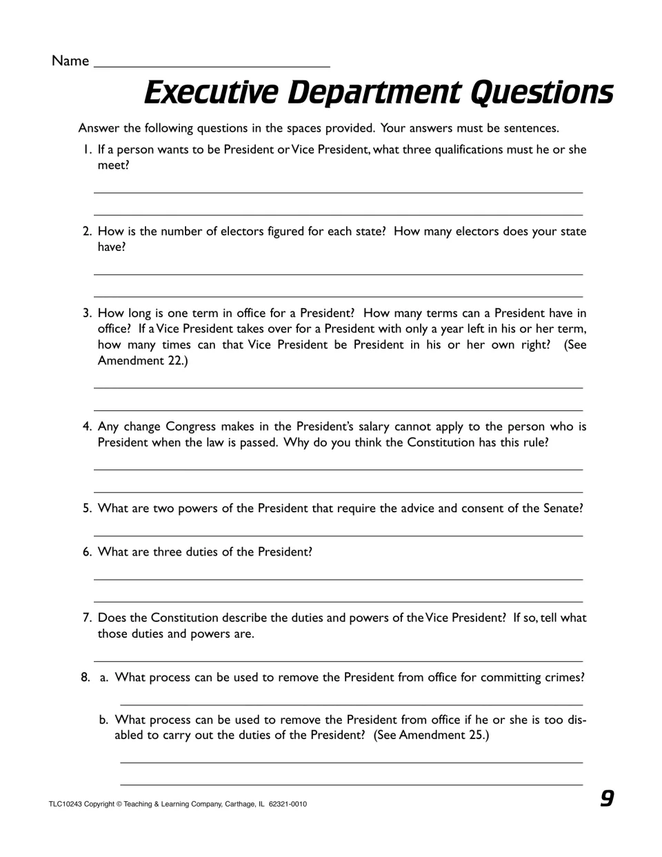 Executive Department Questions: students write sentence answers on qualifications, electors, term limits and removal