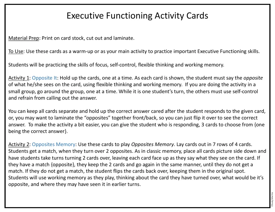 Executive functioning activity directions for preparing picture cards and playing Opposite It and Opposites Memory