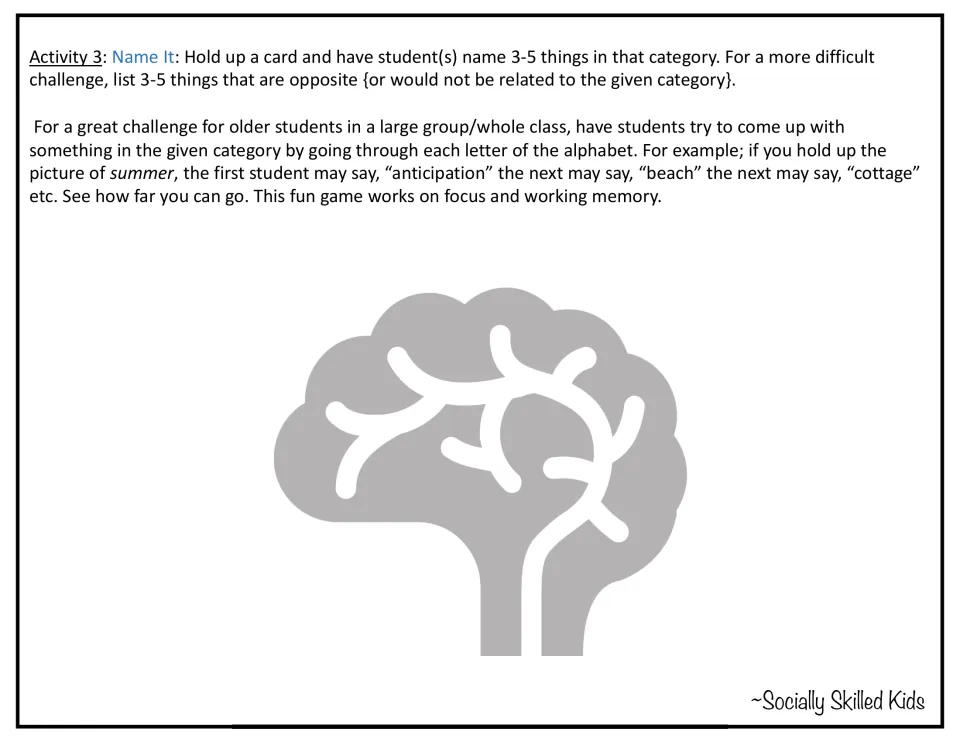 Name It activity directions: name 3–5 things in a card's category, with an alphabet challenge for older students