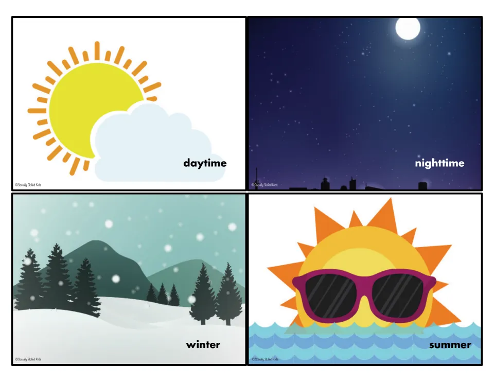 Executive functioning picture cards labeled daytime, nighttime, winter, and summer for opposites activities
