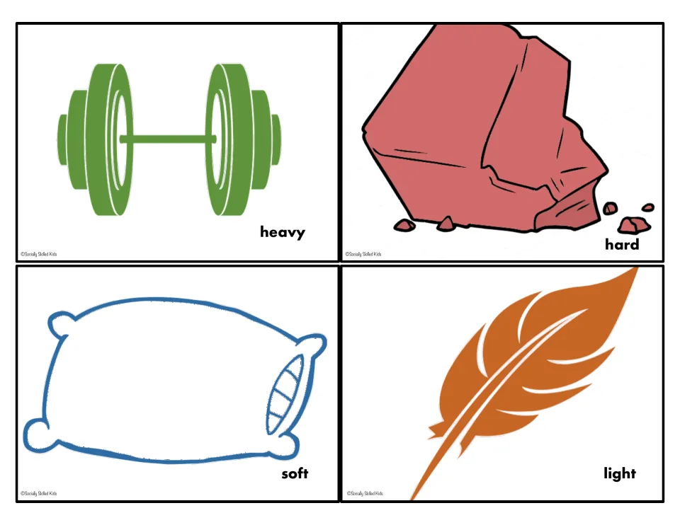 Opposites activity cards labeled heavy, hard, soft, and light, illustrated by weights, a rock, pillow, and feather
