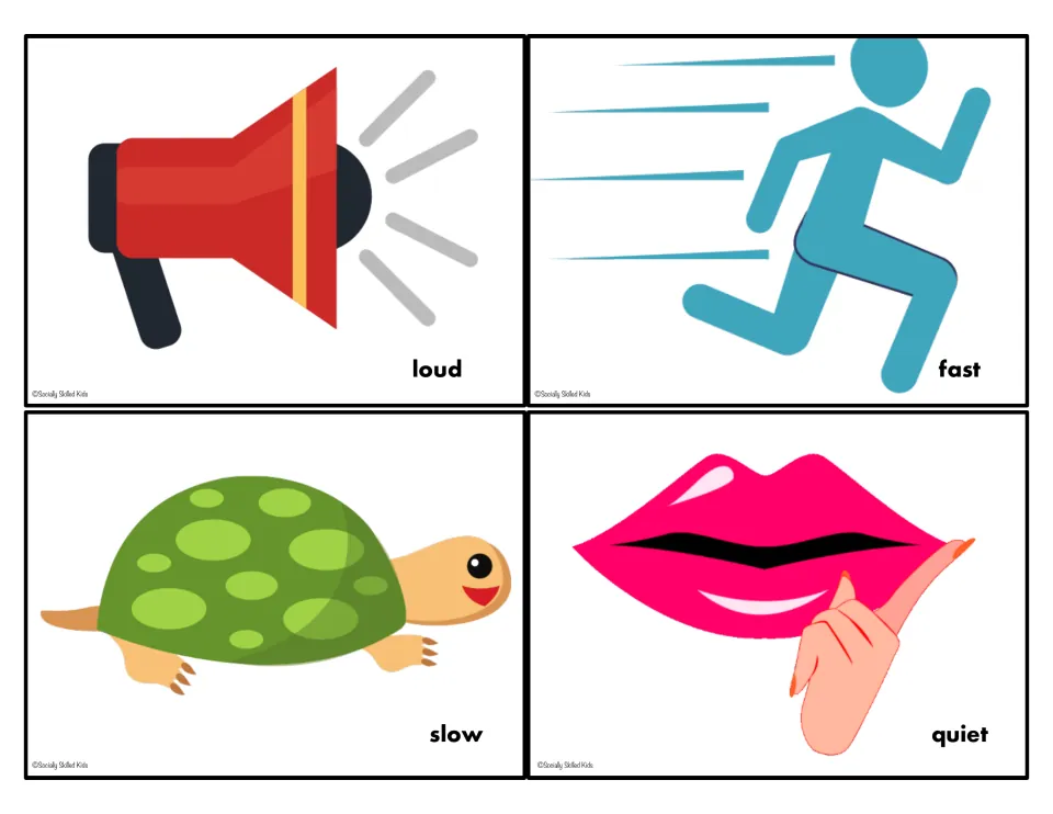Opposites activity cards labeled loud, fast, slow, and quiet, showing a megaphone, runner, turtle, and shushing