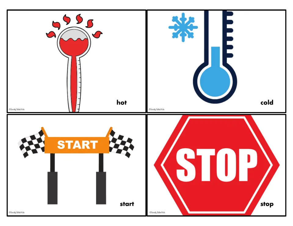 Opposites activity cards labeled hot, cold, start, and stop, illustrated with thermometers and start and stop signs
