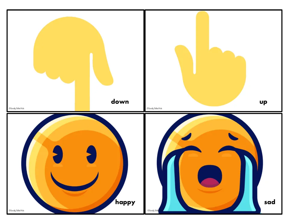 Opposites activity cards labeled down, up, happy, and sad, showing pointing hands and smiling and crying faces