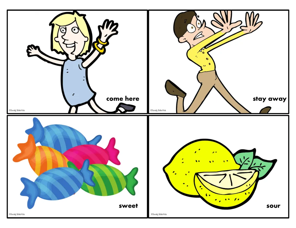 Opposites activity cards labeled come here, stay away, sweet, and sour, showing gestures, candy, and lemons