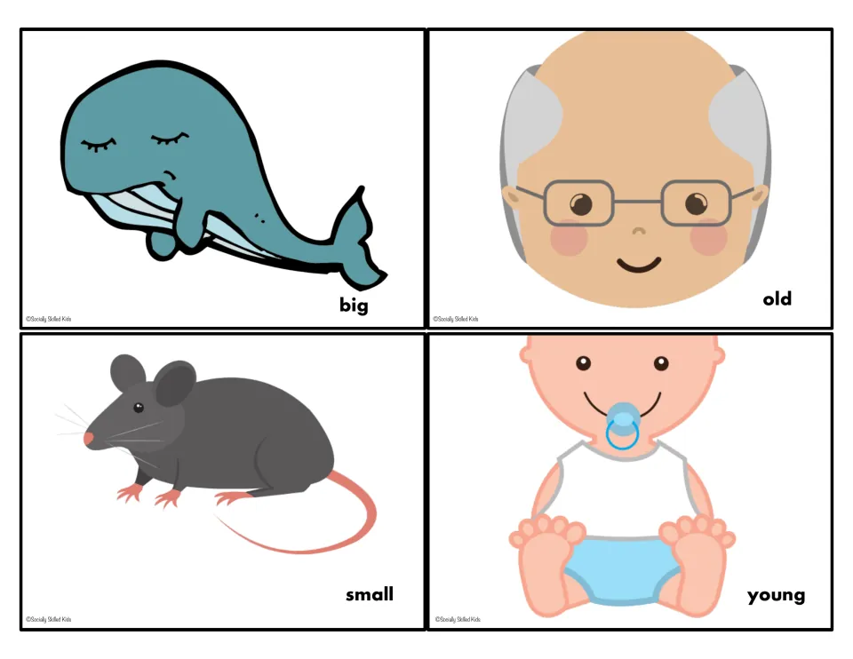 Opposites activity cards labeled big, old, small, and young, illustrated by a whale, older adult, mouse, and baby
