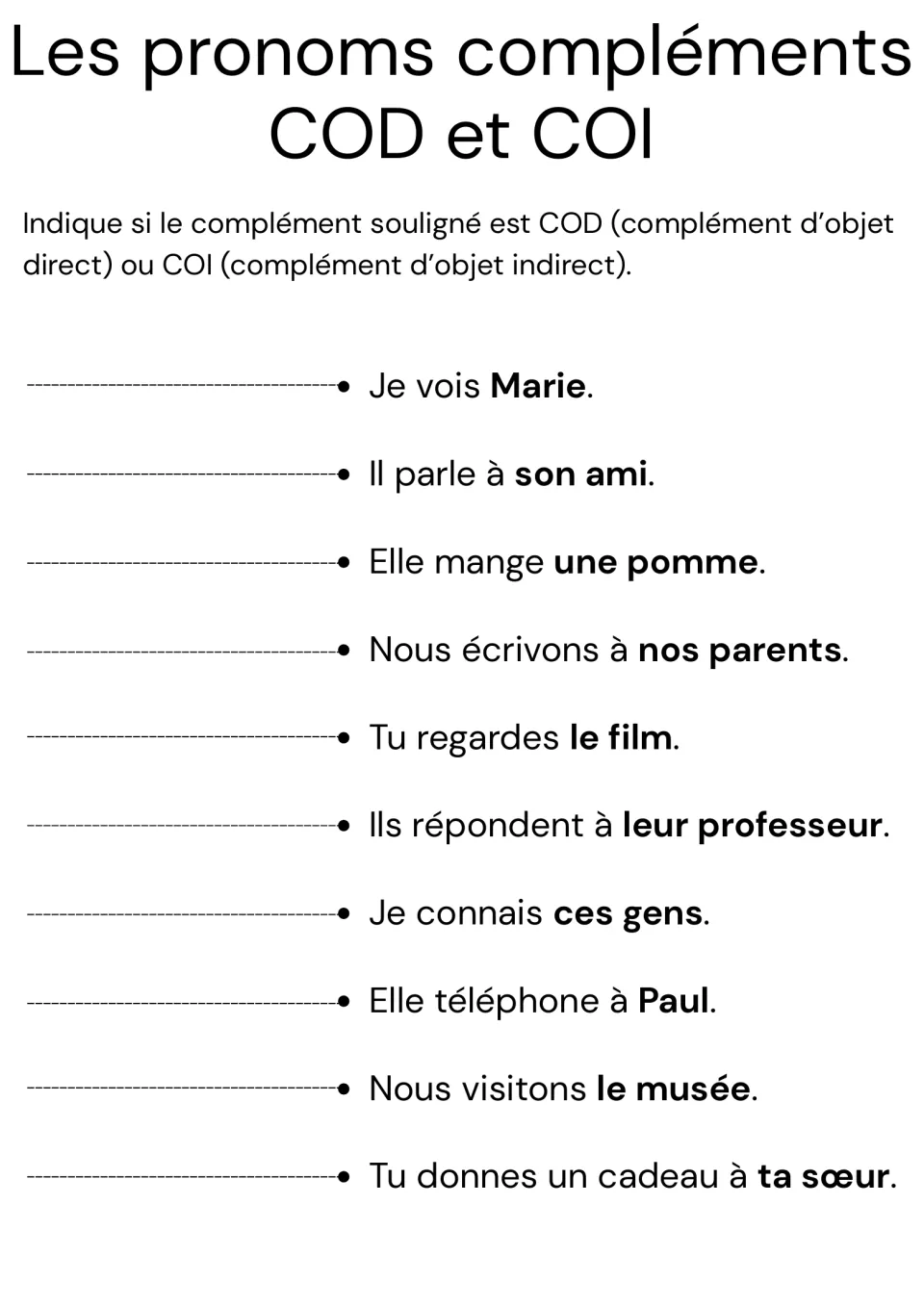 French grammar exercise: identify direct or indirect objects in 10 sentences, including 'Je vois Marie.'