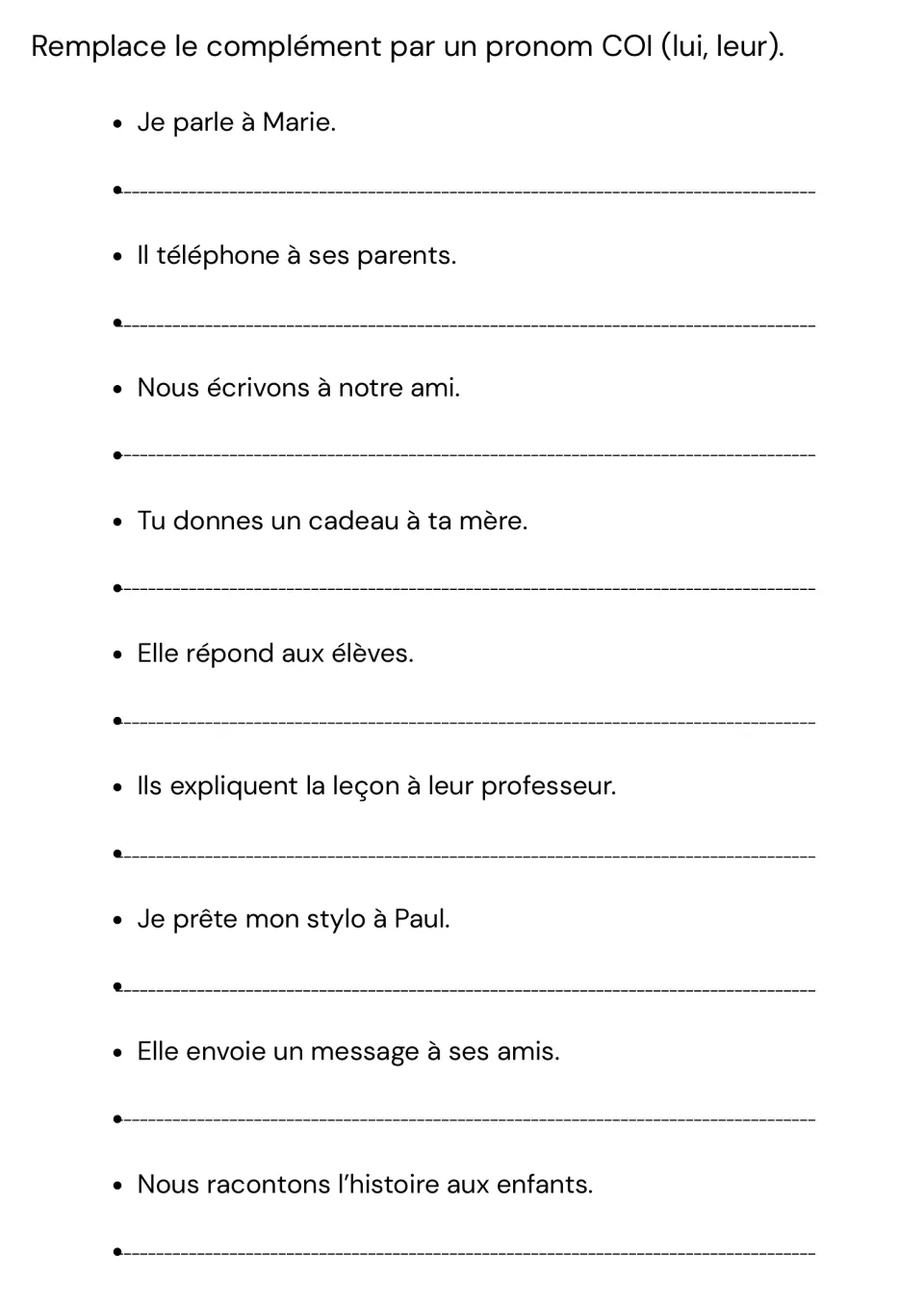 French indirect-object pronoun practice: rewrite nine sentences using lui or leur, starting with Marie.