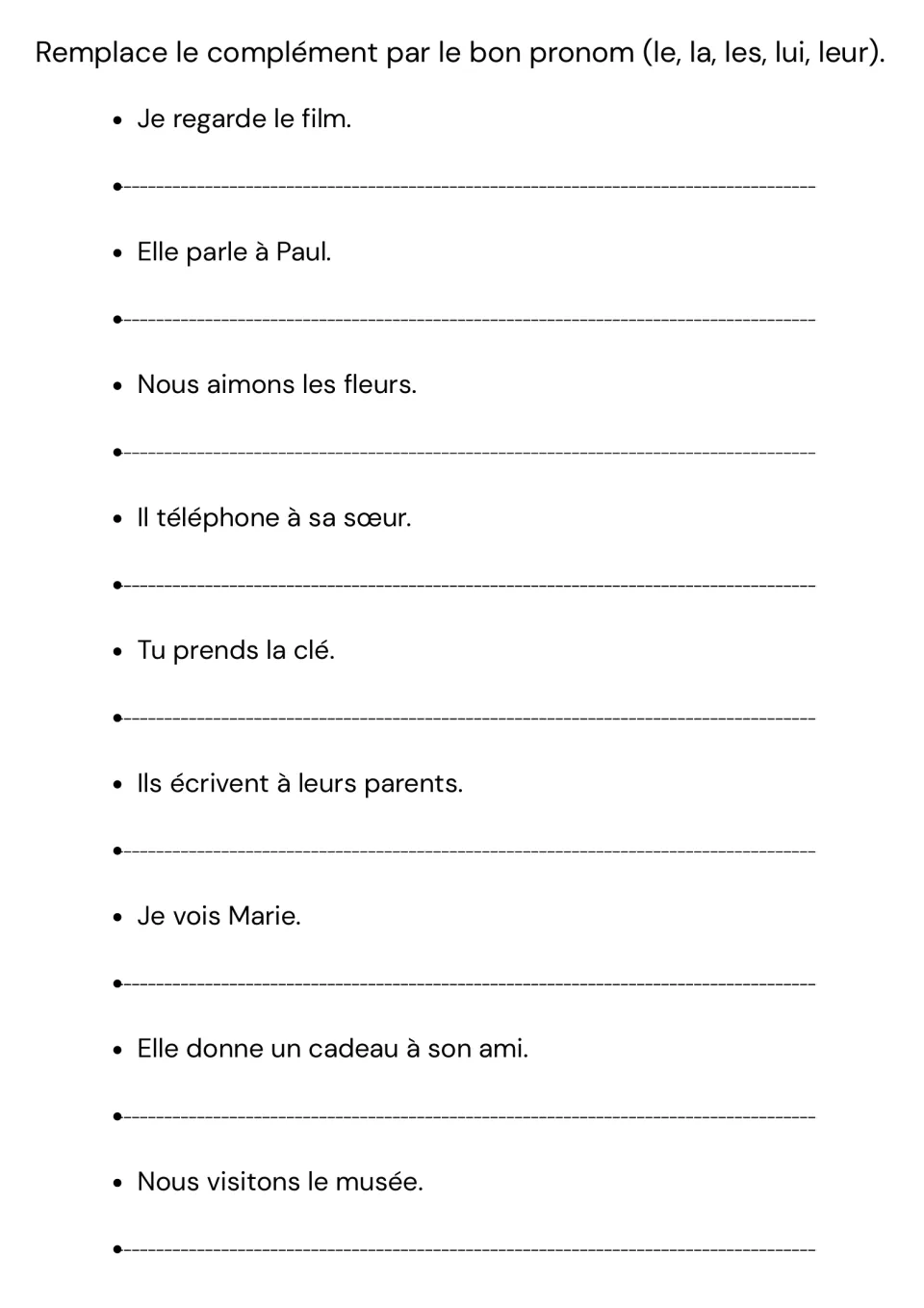Mixed French object-pronoun practice: choose le, la, les, lui or leur for nine sentences about people and things.