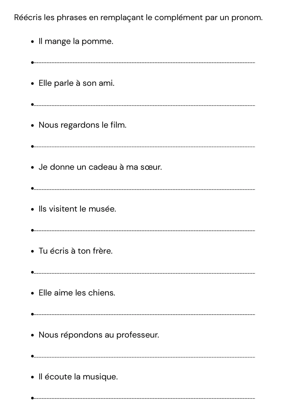 French sentence-rewriting exercise: replace objects with pronouns in nine sentences, ending with music.