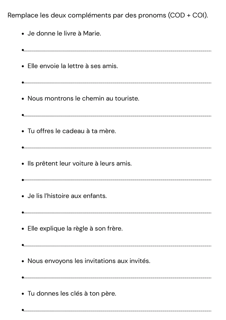 French double-pronoun practice: replace both objects in nine sentences, including giving a book to Marie.