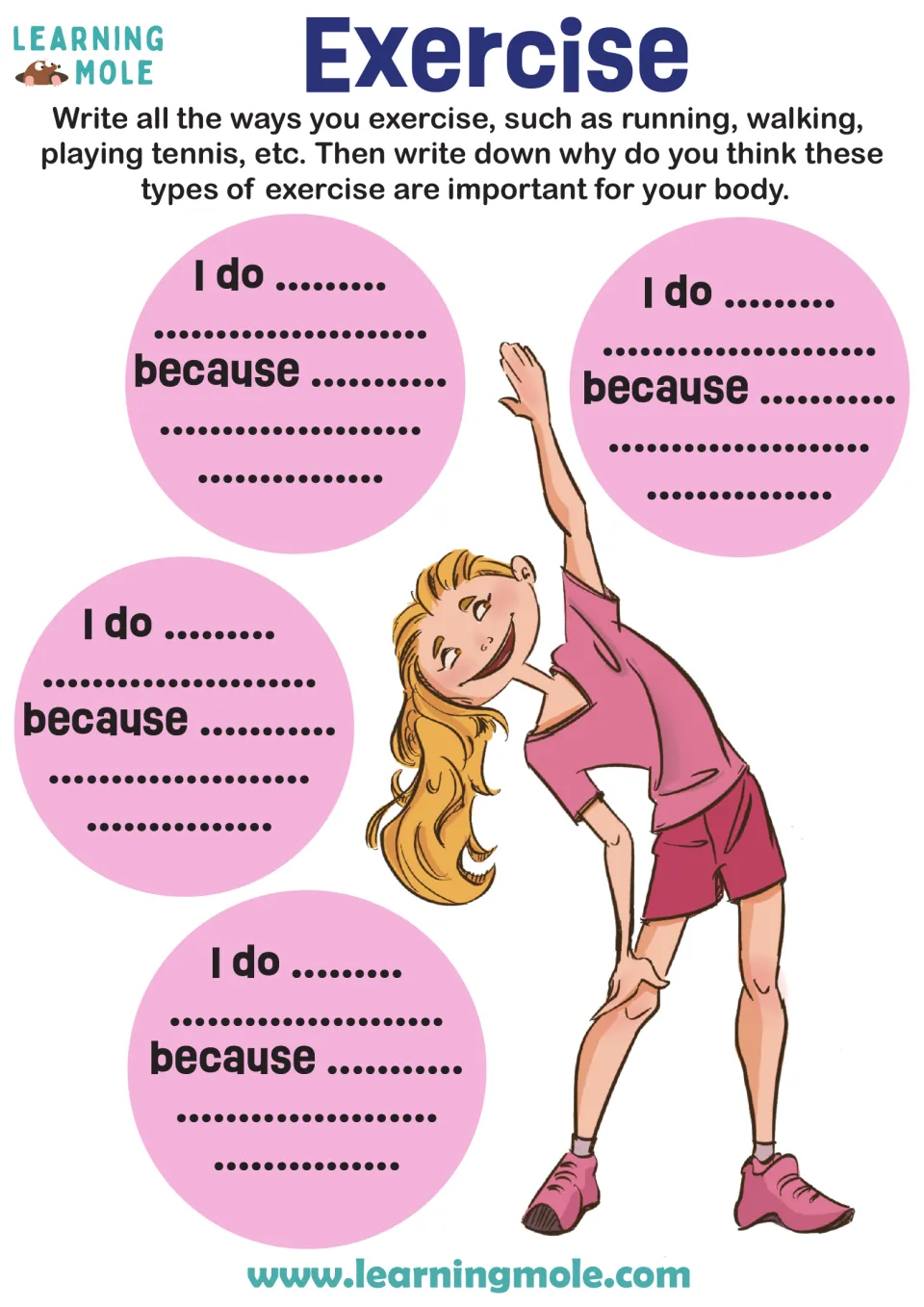 Exercise reflection: students write four ways they exercise, such as running or tennis, and why each matters for the body