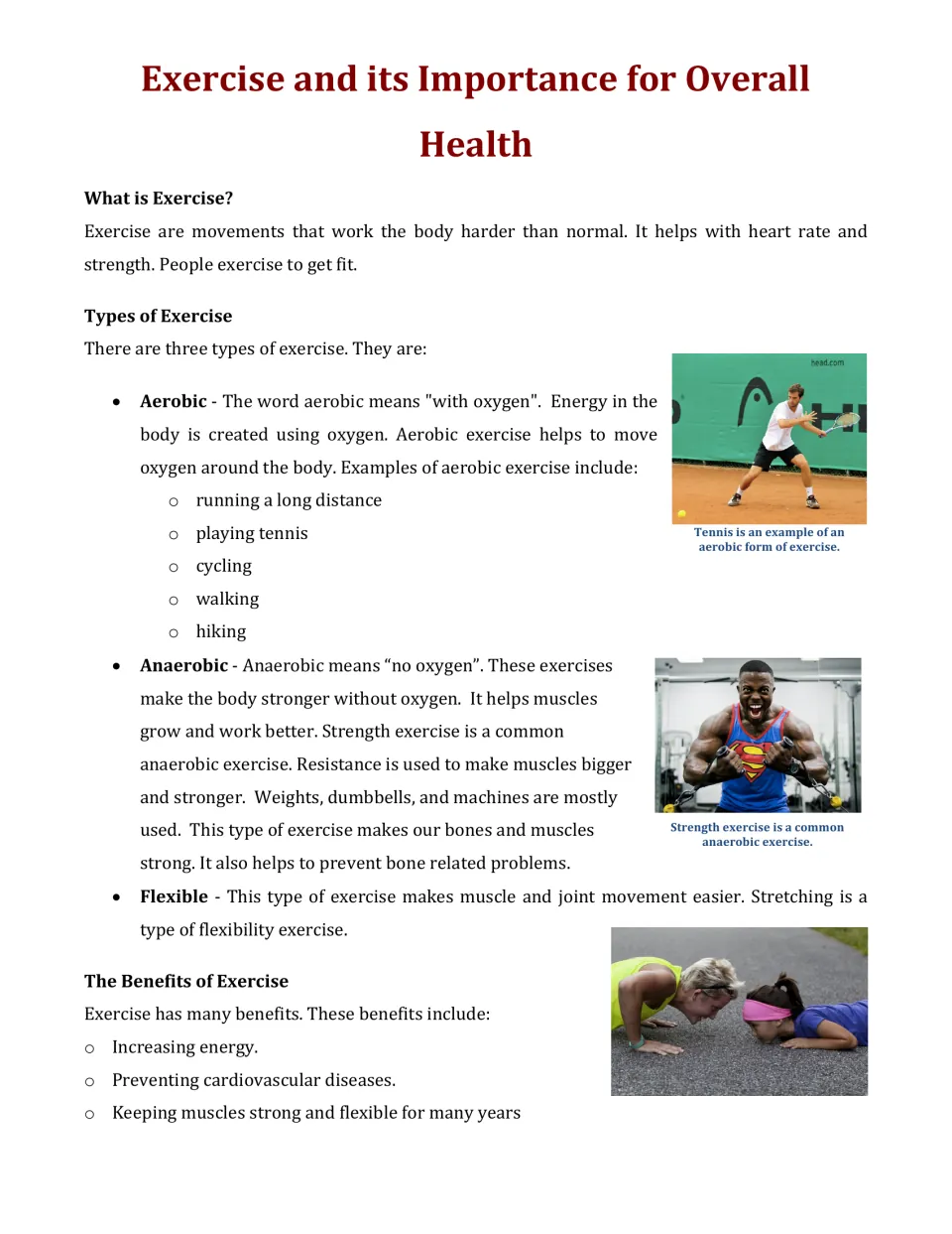 Exercise article: students read about aerobic, anaerobic and flexibility exercise, with tennis and strength photos