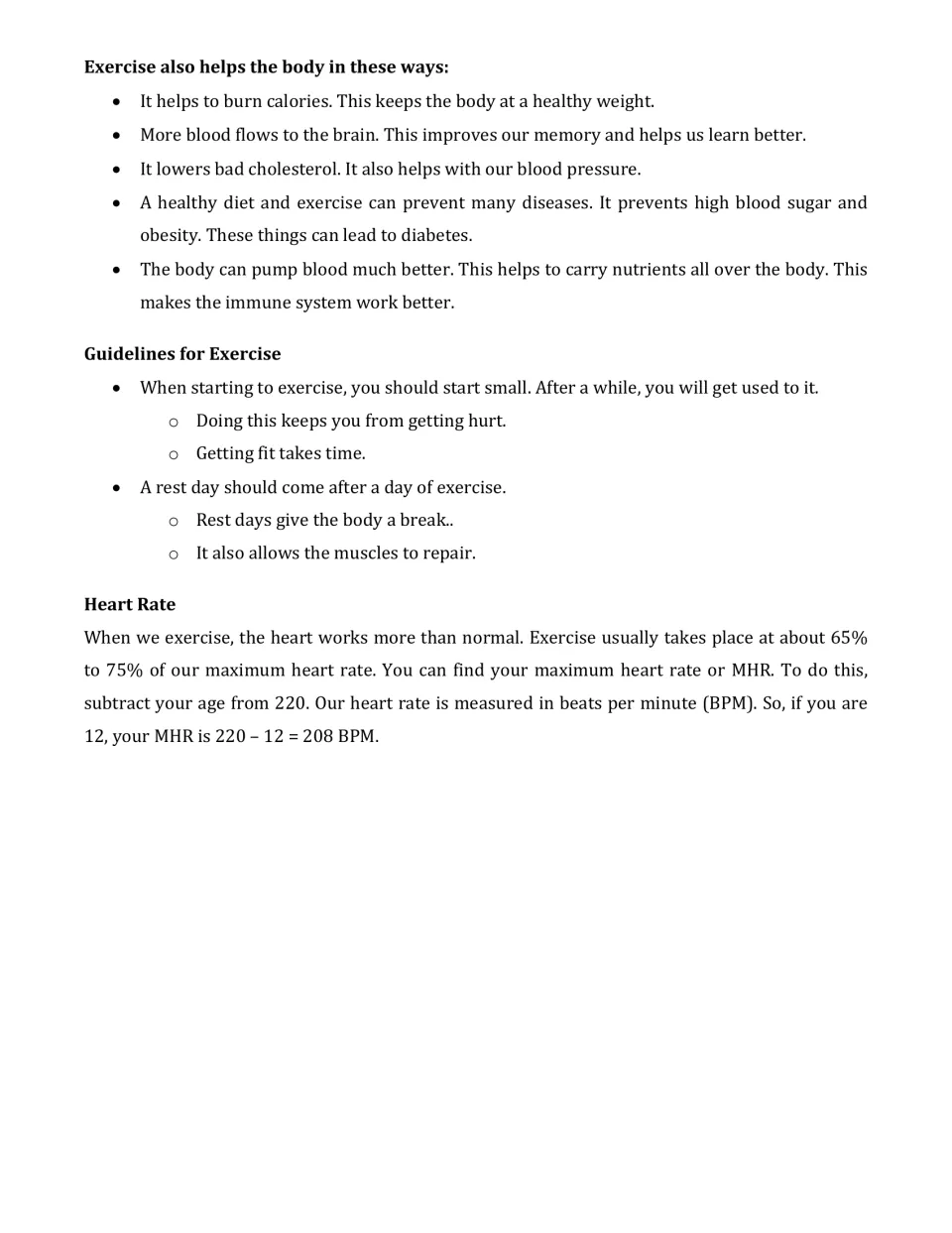 Exercise benefits, guidelines and heart rate: students read how to find maximum heart rate by subtracting age from 220