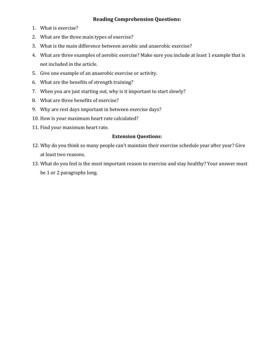 Reading comprehension on exercise: 11 questions on types, benefits and heart rate, plus two written extension questions