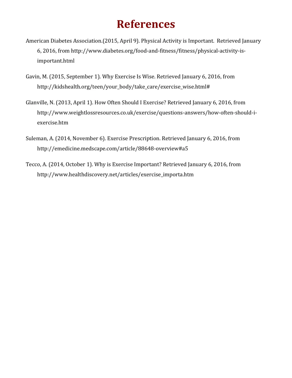 References list citing five 2013-2015 health and exercise web sources, including the American Diabetes Association