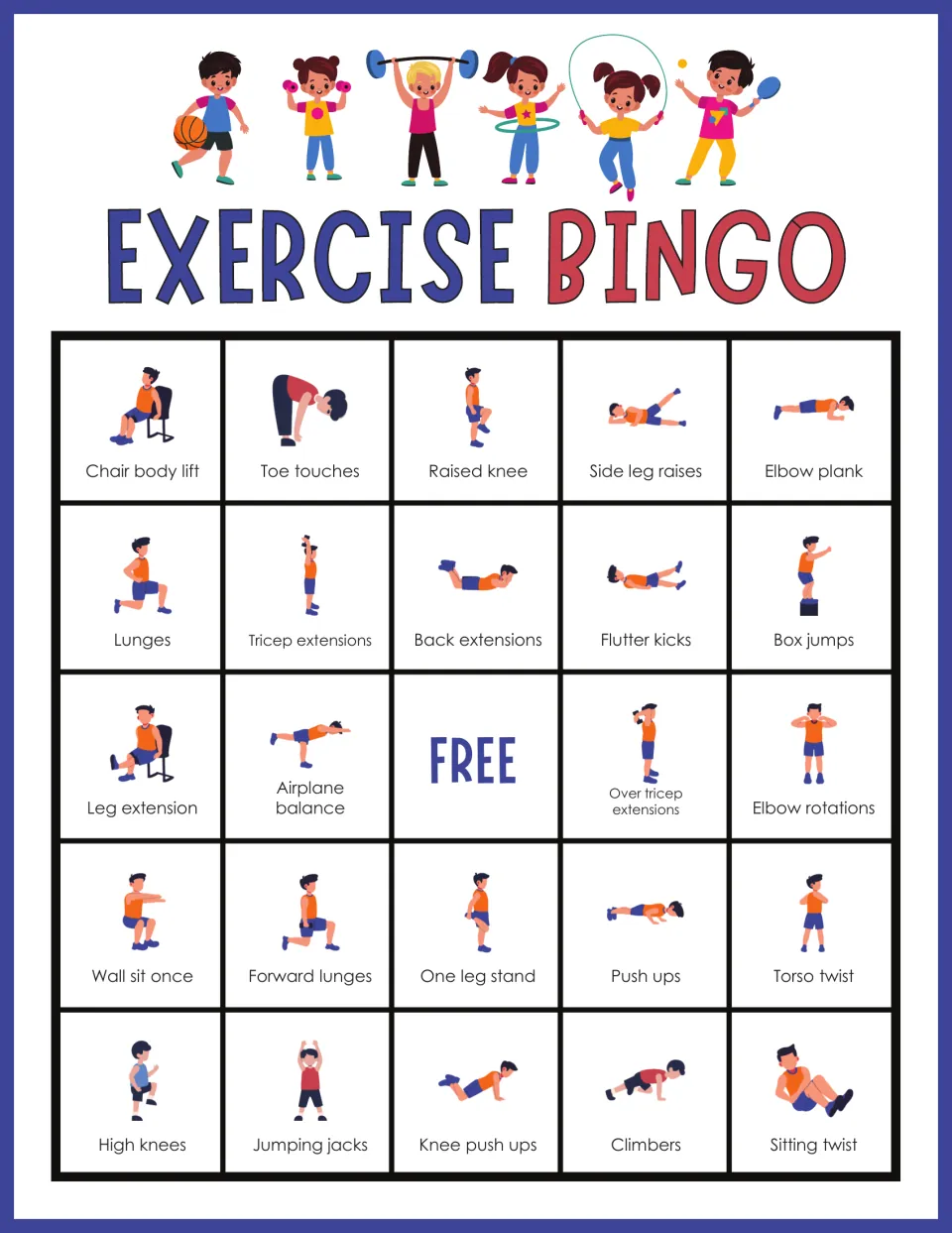 Exercise Bingo card: students do and mark moves like chair body lift, toe touches, elbow plank and box jumps; FREE center