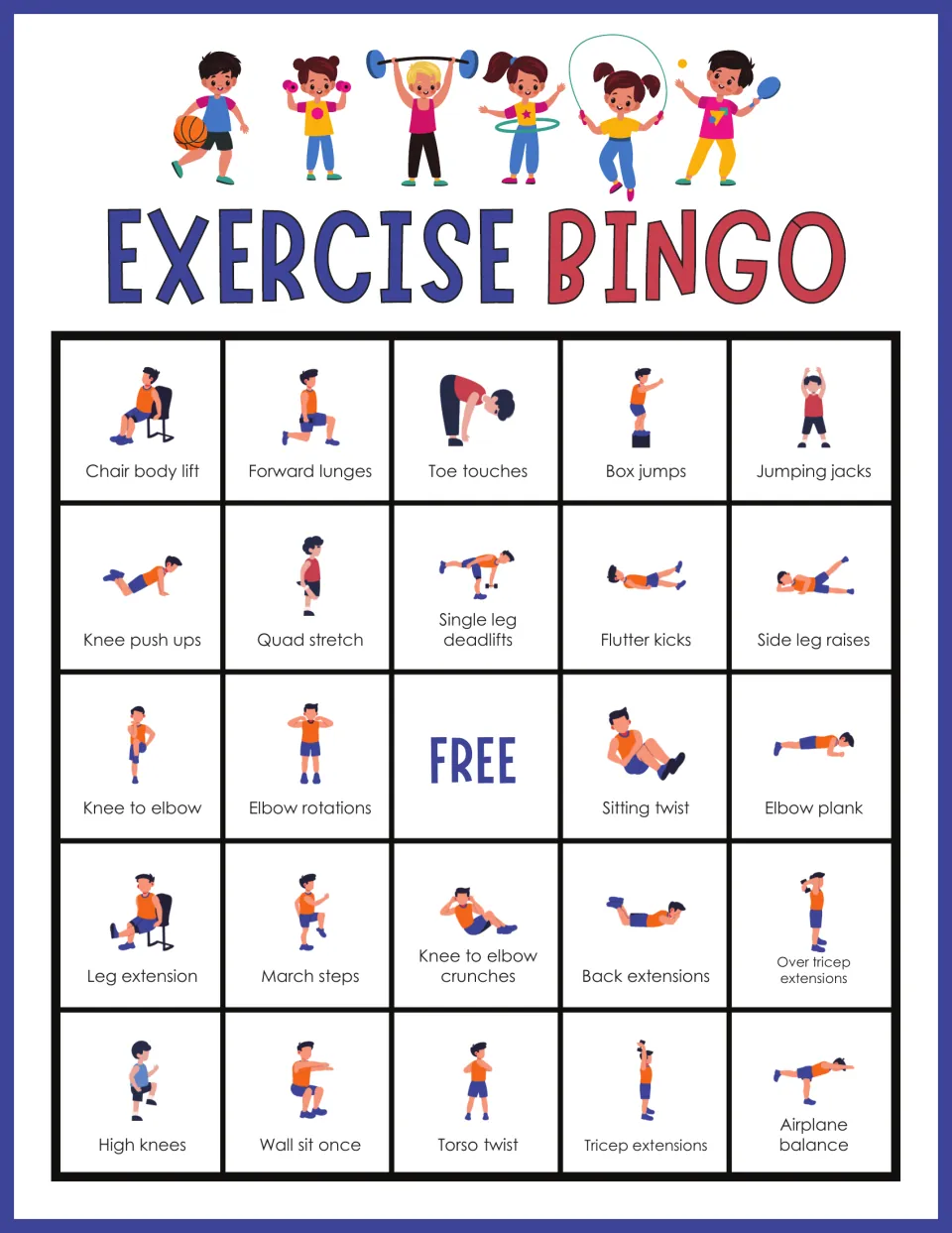 Exercise Bingo card: students perform chair body lift, forward lunges, toe touches, box jumps and jumping jacks