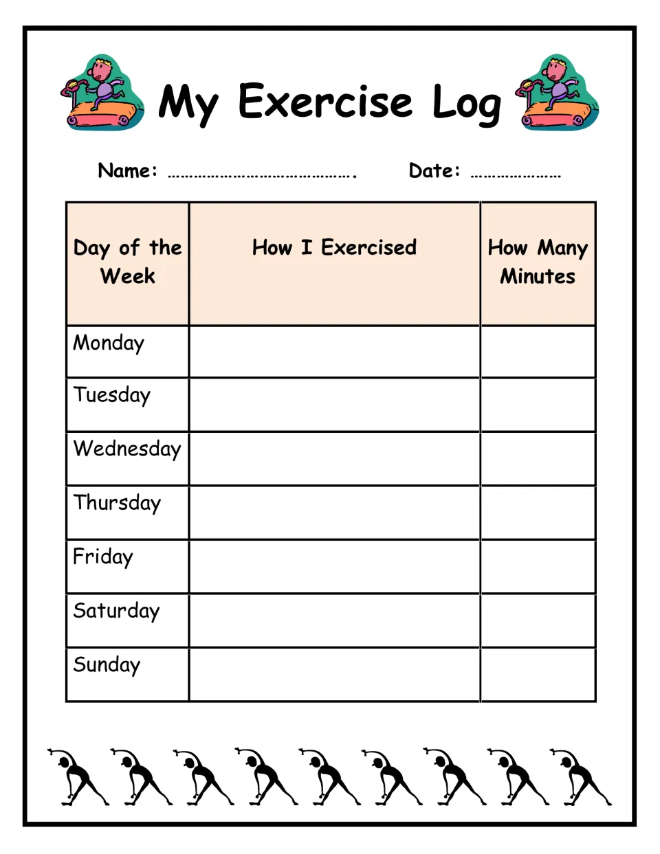 My Exercise Log: students record how they exercised and for how many minutes each day from Monday to Sunday