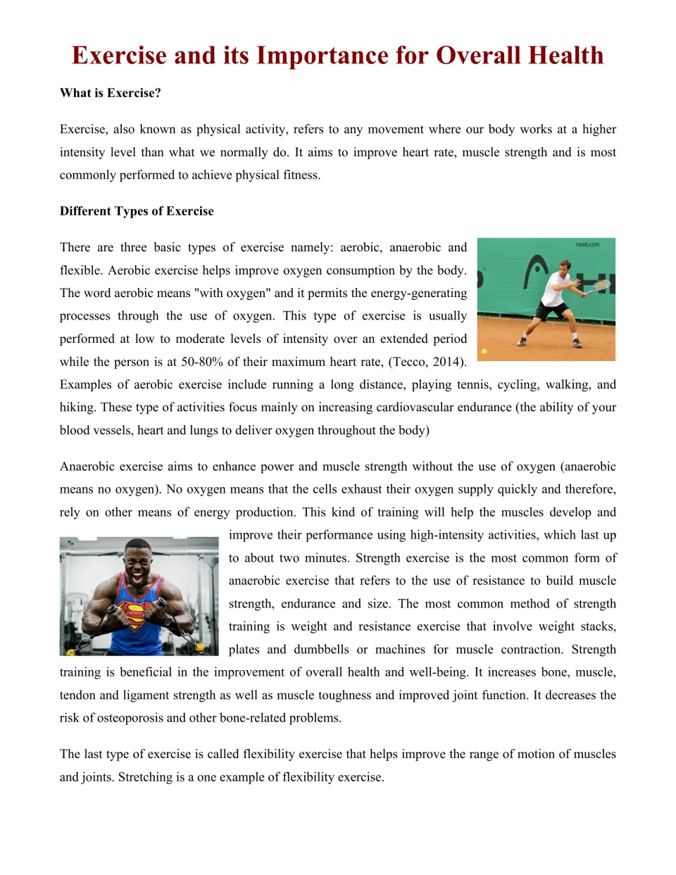 Reading passage defining exercise and explaining its three types: aerobic, anaerobic and flexibility, with photos