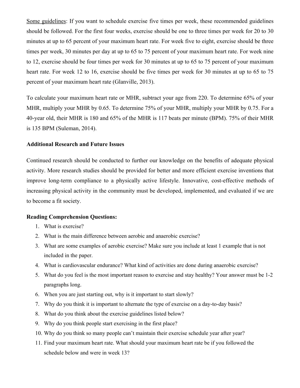 Heart rate guidelines and research outlook, then 11 reading comprehension questions on exercise types, benefits and habits