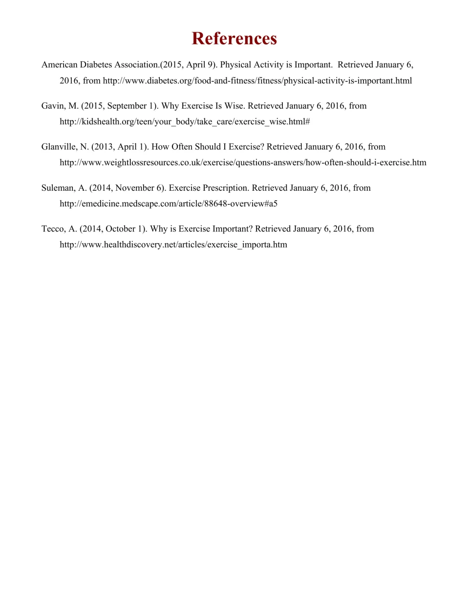 References list citing five online sources on exercise, including American Diabetes Association, KidsHealth and Medscape