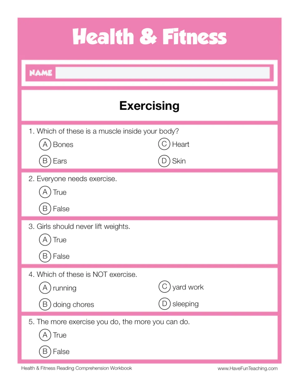 Exercising comprehension quiz: students answer 5 multiple-choice and true/false questions on muscles, chores and weights