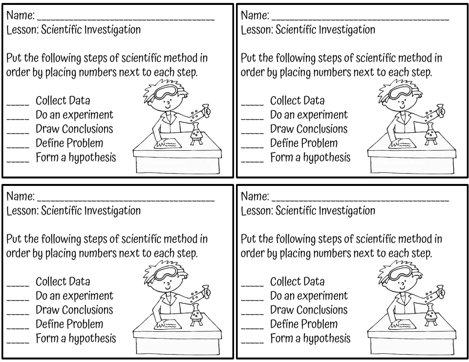 Scientific method exit ticket: students number five steps, from define problem to draw conclusions, in order, 4 per page