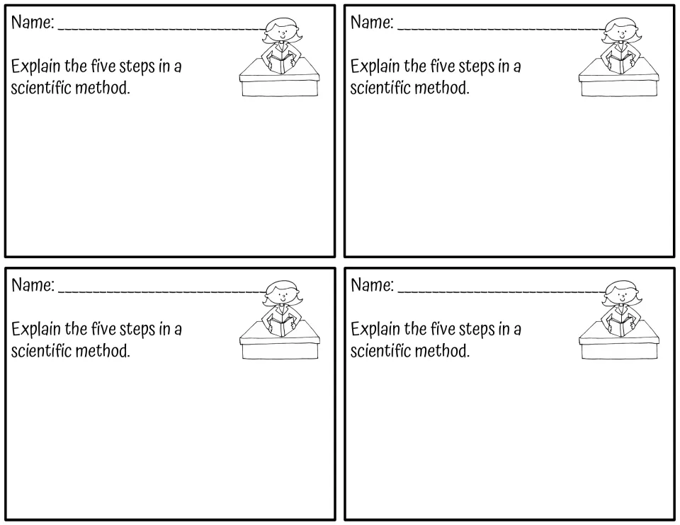 Scientific method written response: students explain the five steps of a scientific method in their own words, 4 per page