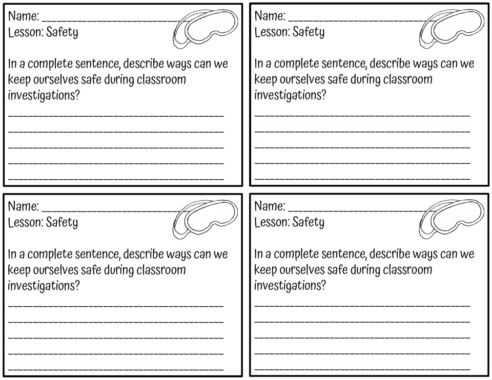 Lab safety exit ticket: students write a complete sentence on ways to stay safe during classroom investigations, 4 per page