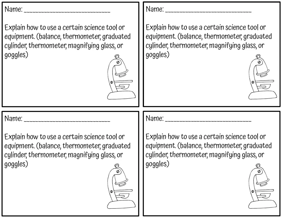Science tools exit ticket: students explain how to use a balance, thermometer, graduated cylinder, magnifier or goggles