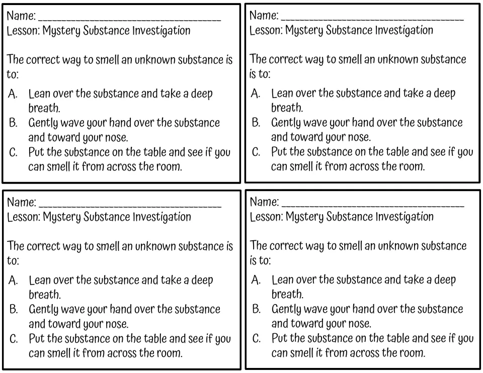 Mystery substance exit ticket: multiple choice on the correct way to smell an unknown substance, with three options A-C