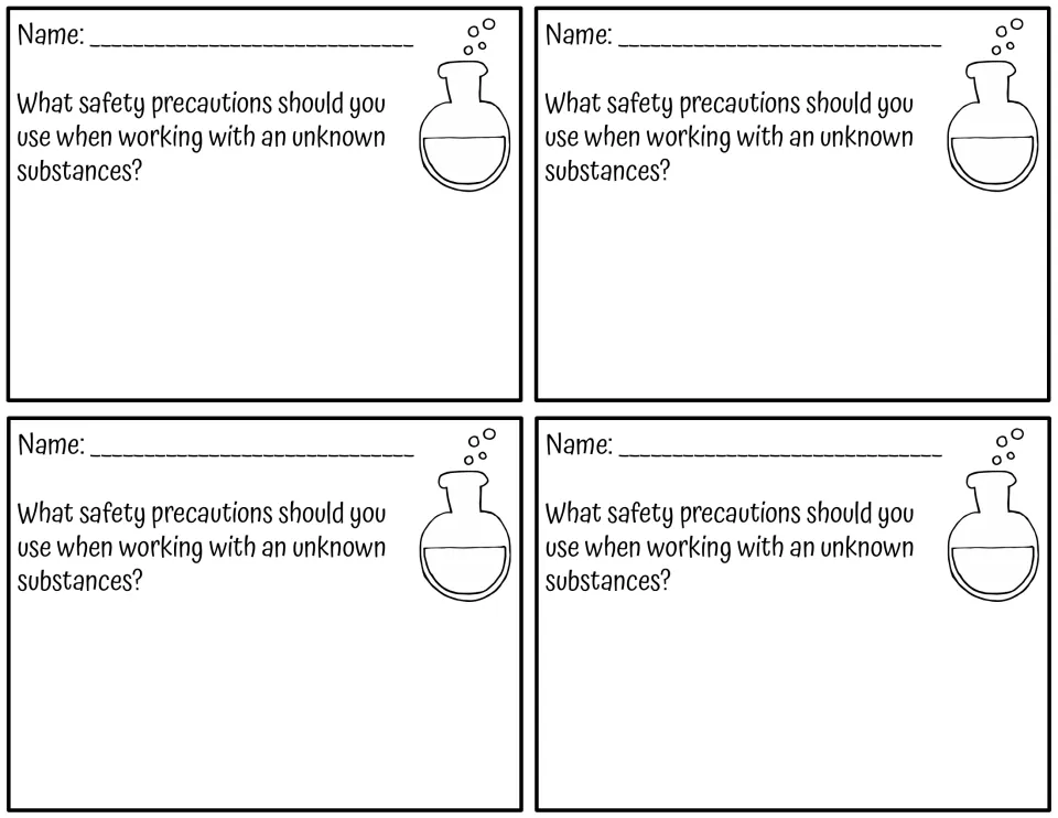 Unknown substances safety prompt: students write the precautions to take when working with an unfamiliar substance
