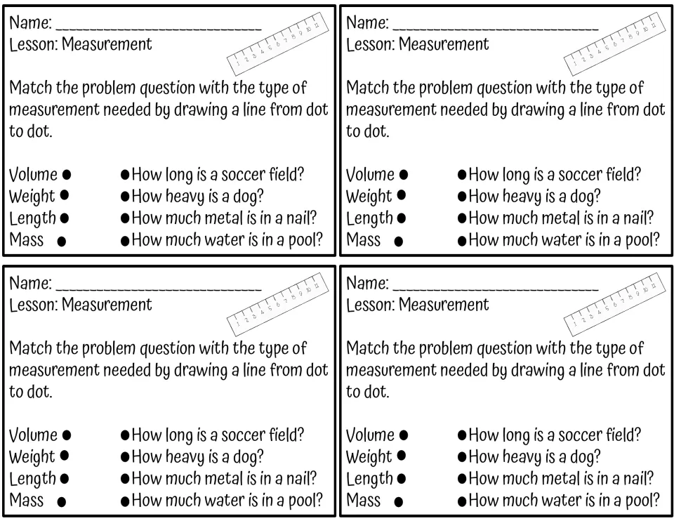 Measurement exit ticket: students draw lines matching volume, weight, length and mass to questions like how heavy is a dog