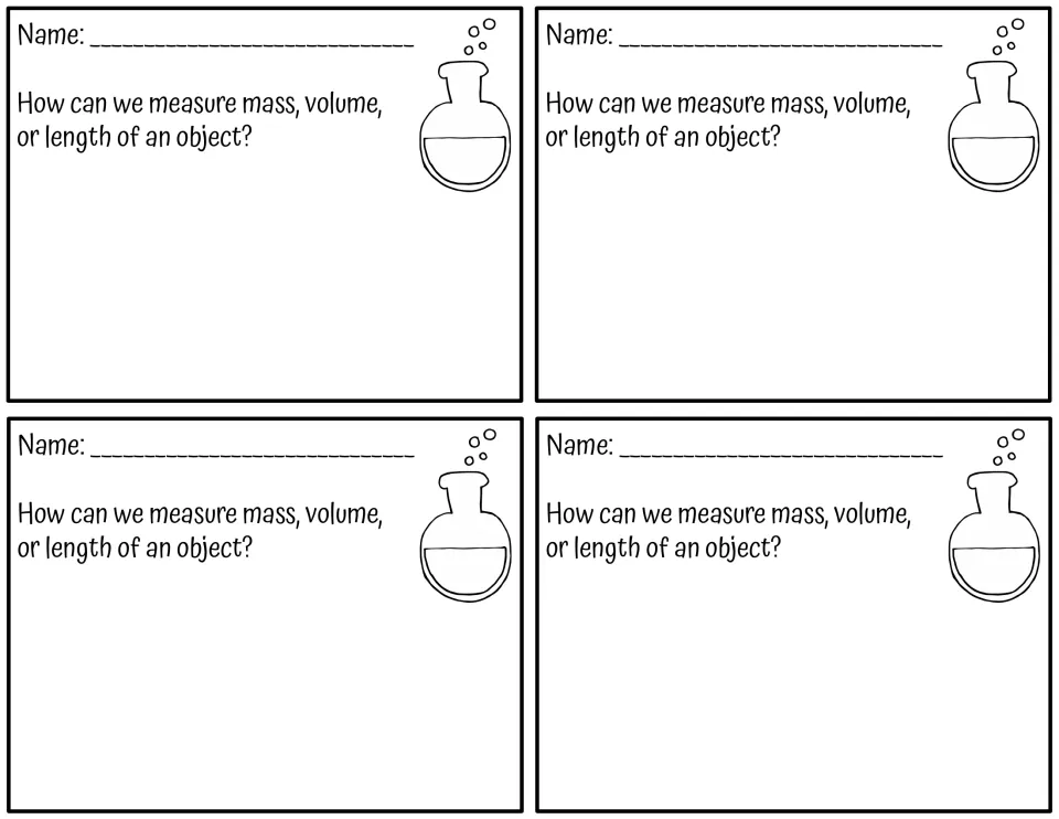 Measuring objects prompt: students explain how to measure the mass, volume or length of an object, four tickets per page