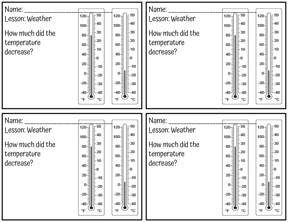 Weather exit ticket: students read two Fahrenheit and Celsius thermometers and find how much the temperature decreased