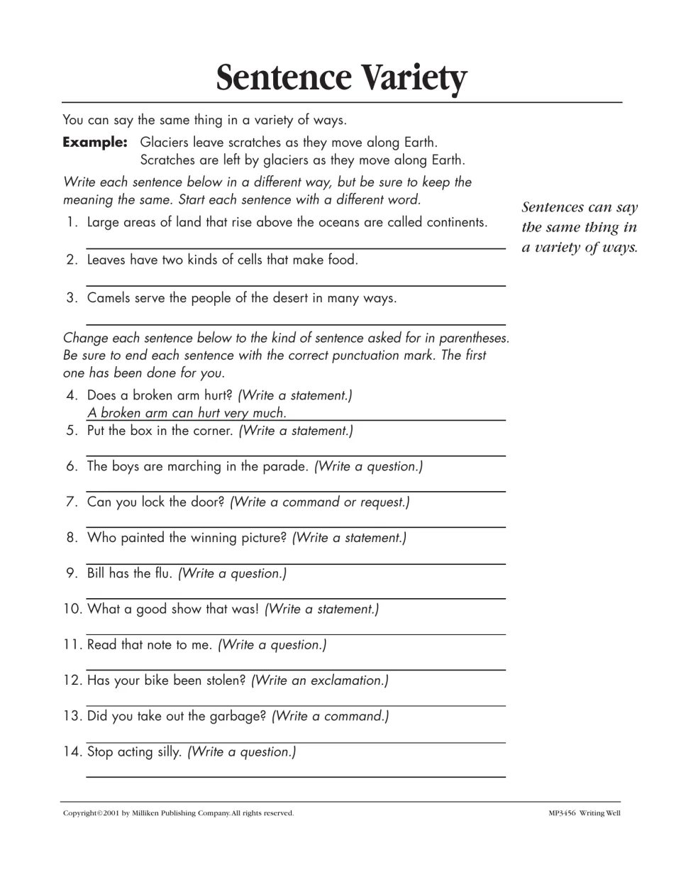 Sentence Variety worksheet: rewrite sentences and change them into statements, questions, commands, or exclamations