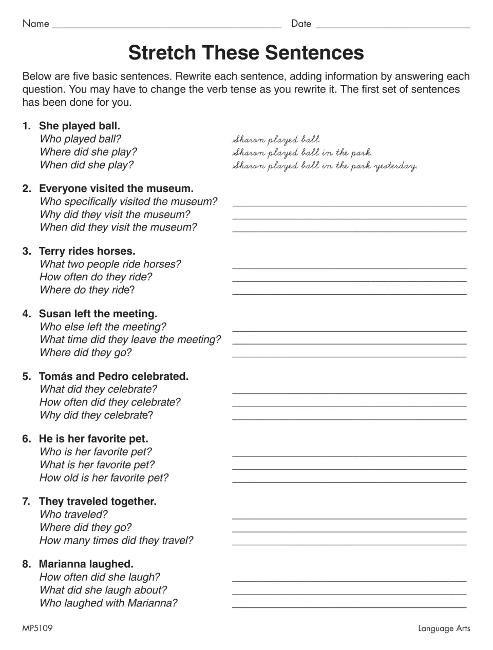 Stretch These Sentences worksheet: a completed ball-playing example and seven prompts for adding details