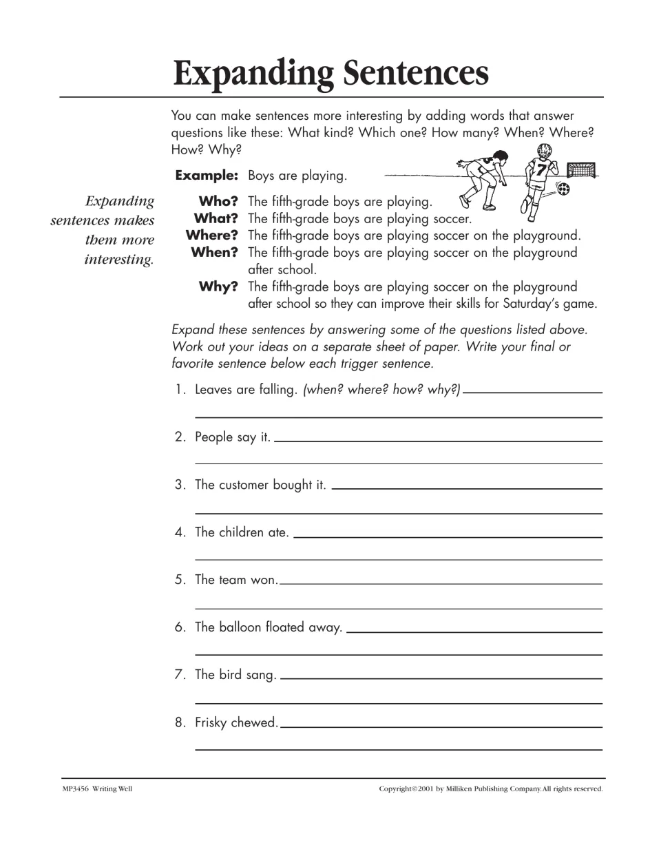 Expanding Sentences worksheet: a soccer example and eight sentences to expand, including 'Leaves are falling'