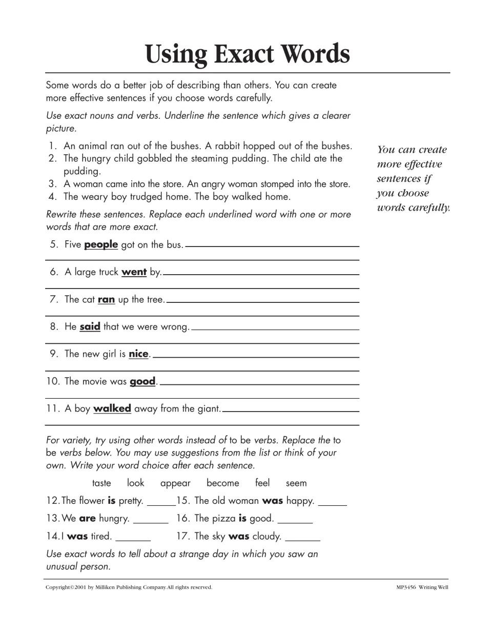 Using Exact Words worksheet: choose clearer sentences, replace vague words, and find alternatives to 'be' verbs