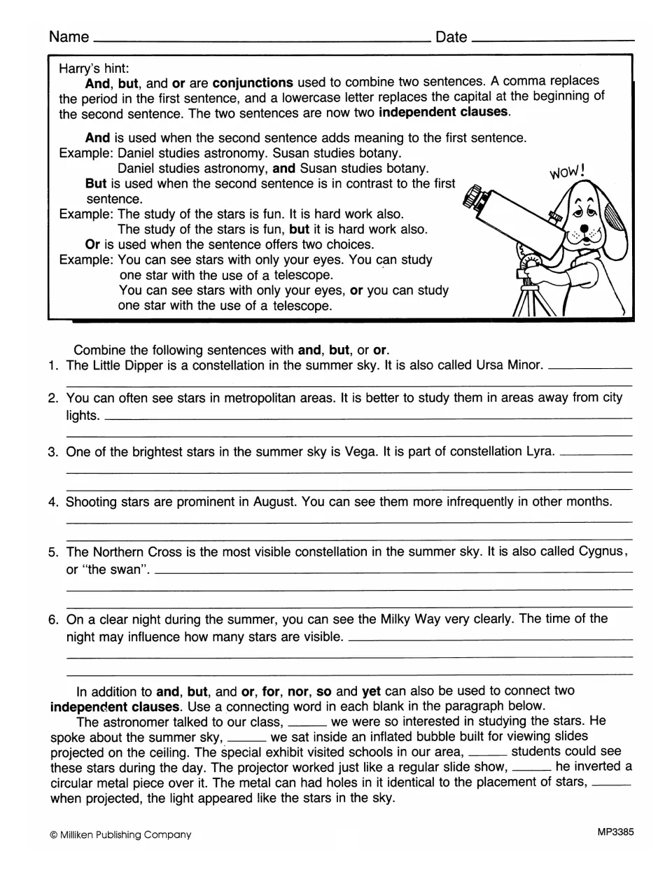 Conjunctions worksheet: combine six pairs of astronomy sentences with and, but, or or, then complete a paragraph