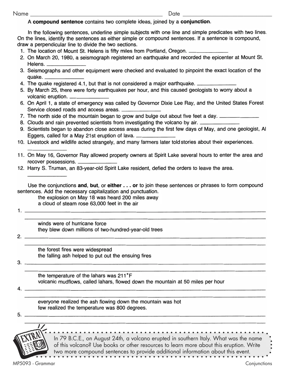 Compound sentences worksheet: classify 12 Mount St. Helens sentences and combine five pairs about the eruption