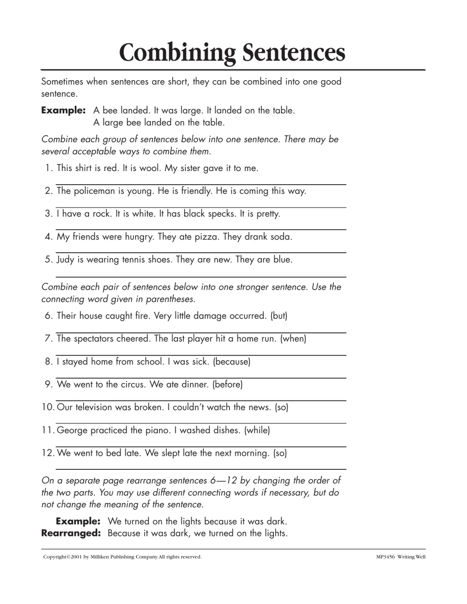 Combining Sentences worksheet: join five sentence groups and seven pairs, then rearrange the paired sentences