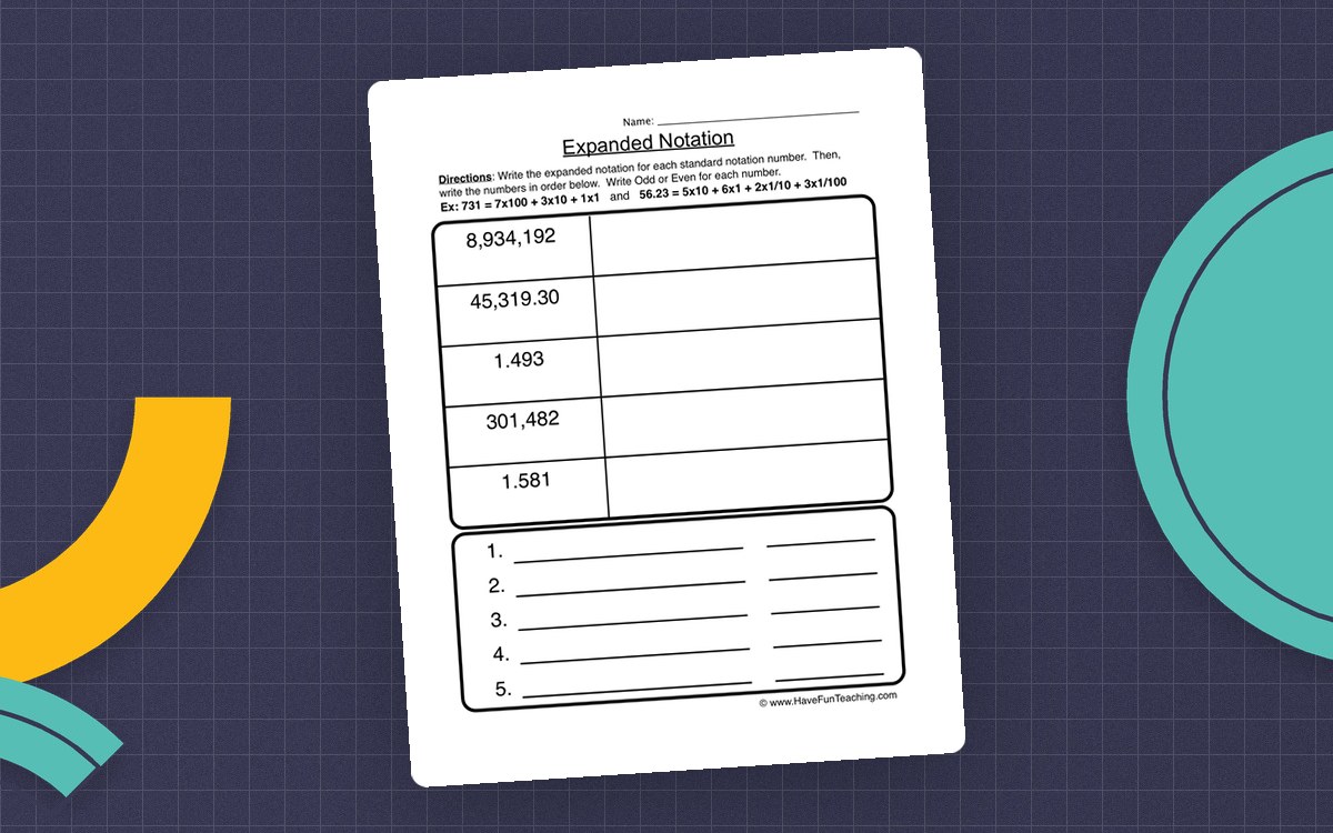 Expanded Notation Place Value Worksheet preview: Five standard-notation values