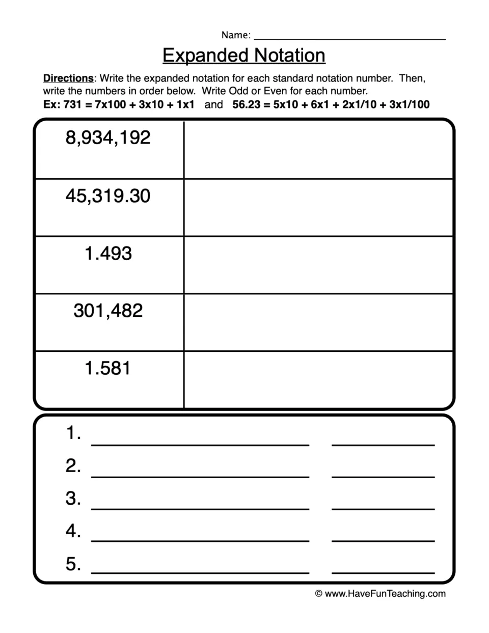 Expanded notation: students expand 5 numbers such as 8,934,192 and 1.493, order them, and label each odd or even