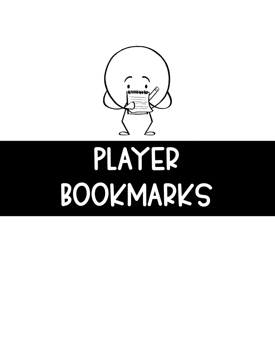 Player Bookmarks section title with a cartoon character writing on a notepad, introducing the printable bookmarks