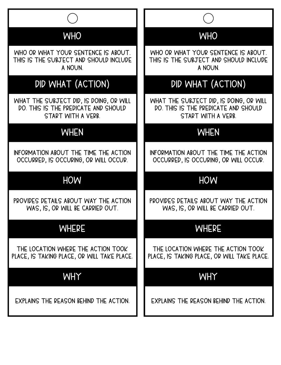 Sentence expansion bookmarks: two copies defining who, did what, when, how, where and why to add to a sentence