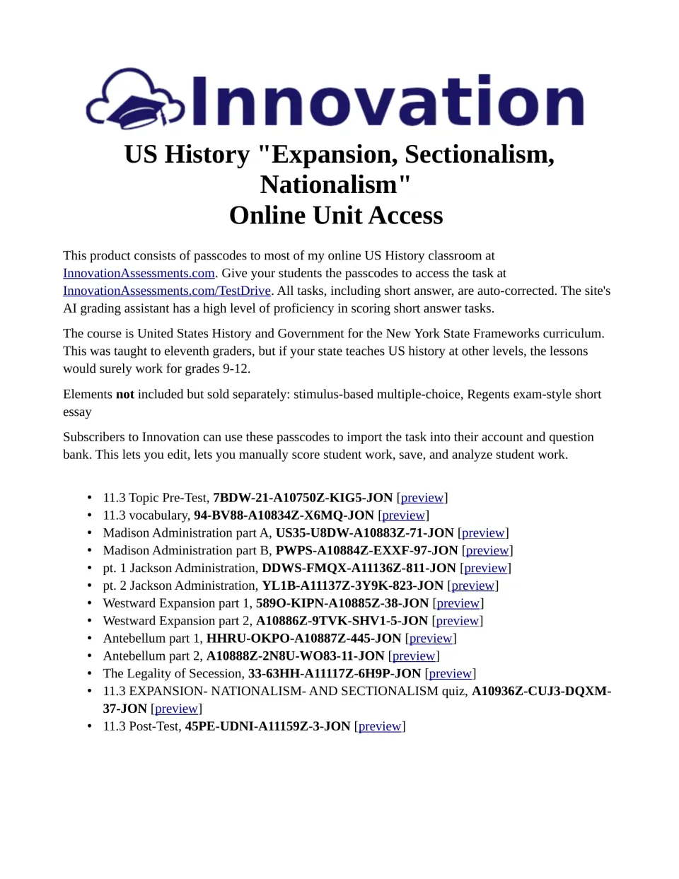 Online unit access sheet listing 13 passcodes for pre-test, vocabulary, history lessons, quiz, and post-test.